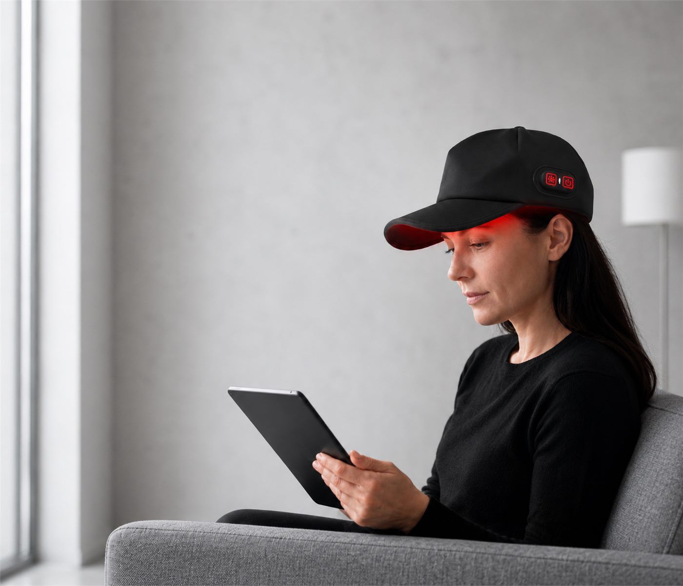 Woman wearing the TrichoGlow red light cap while reading at home