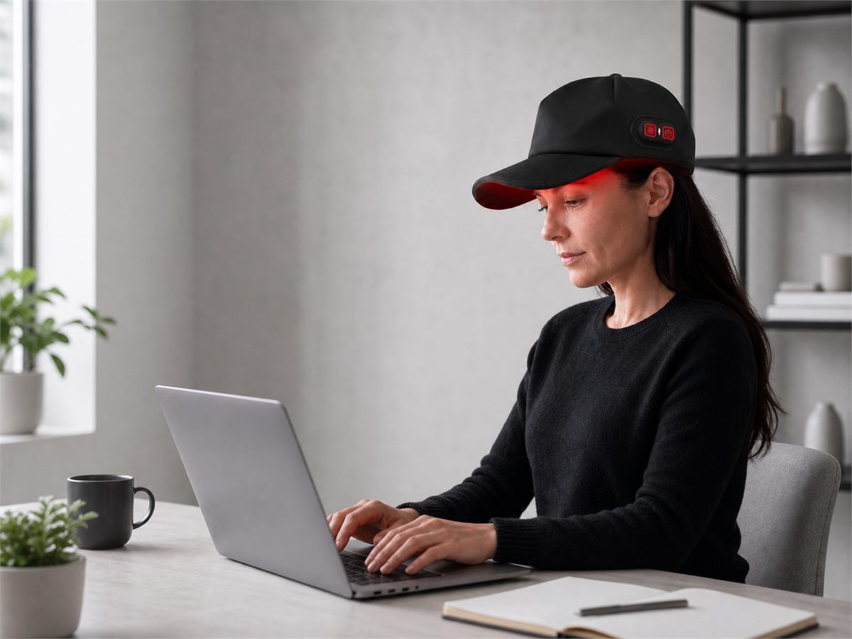 Woman using a laptop while wearing the TrichoGlow cap hands-free