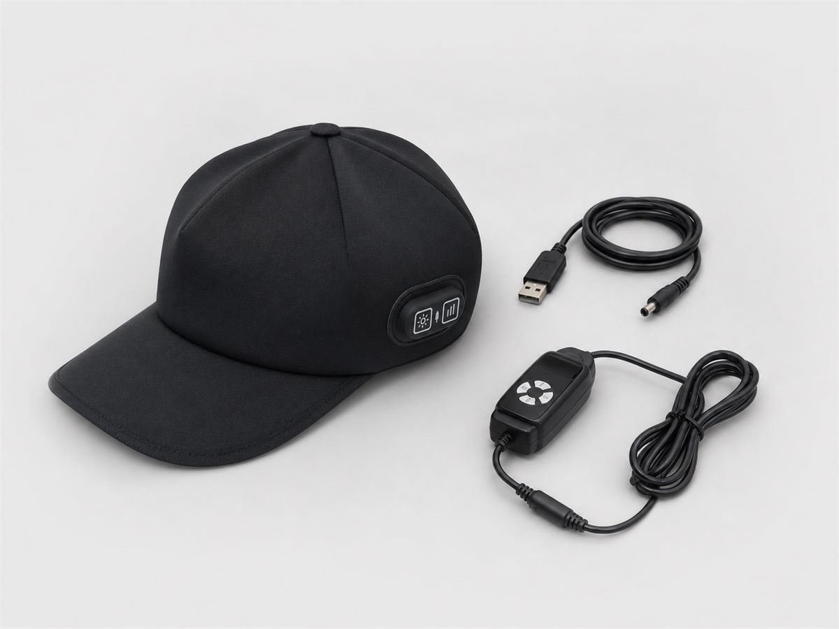 TrichoGlow cap, controller and cable arranged on a clean surface