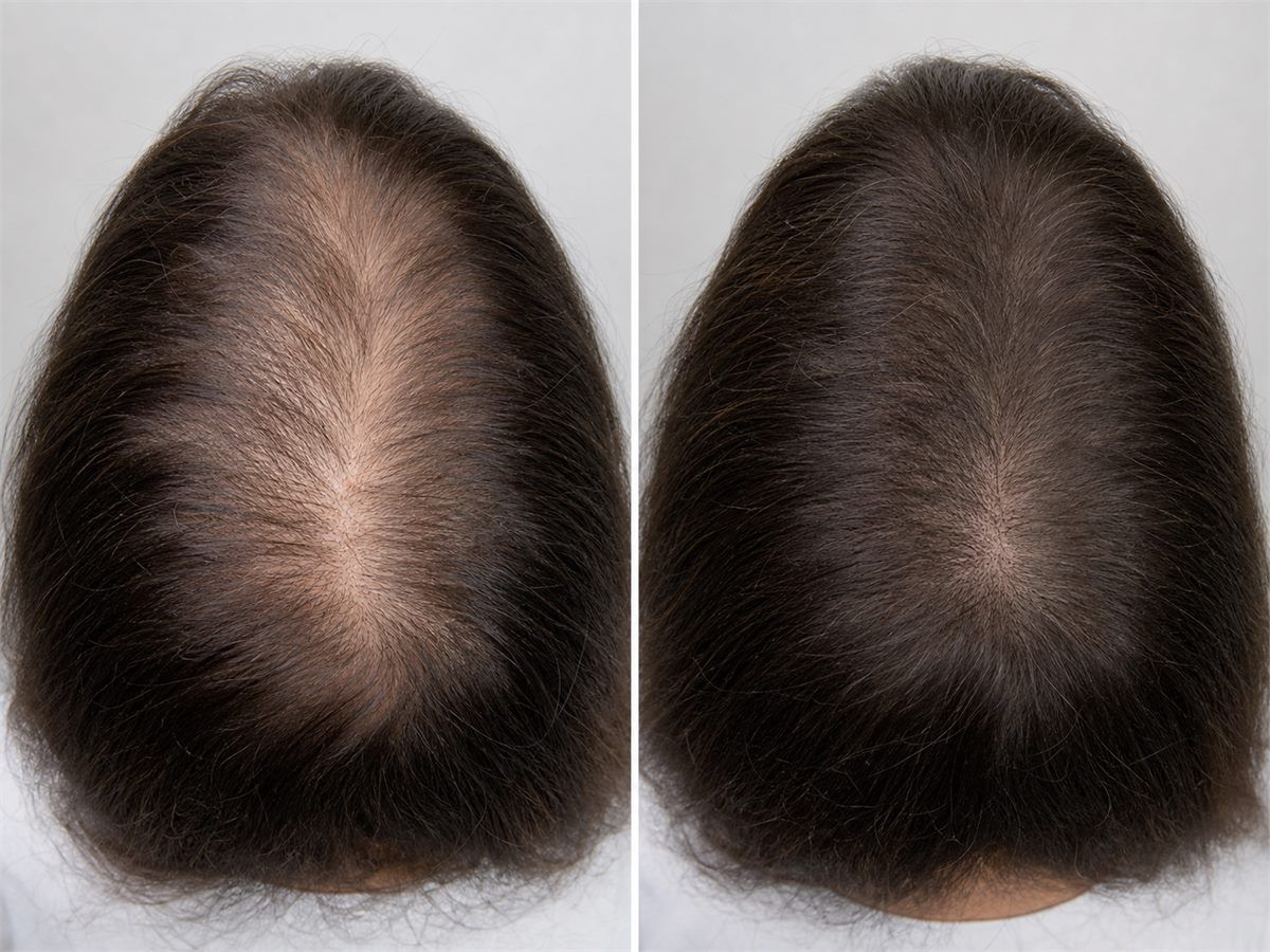 Matched before and after view showing improved hair density