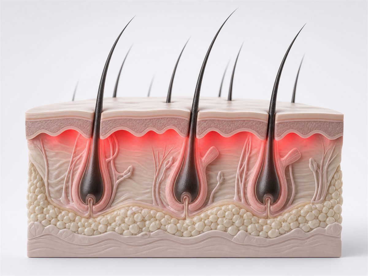Cross-section illustration of red light reaching hair follicles
